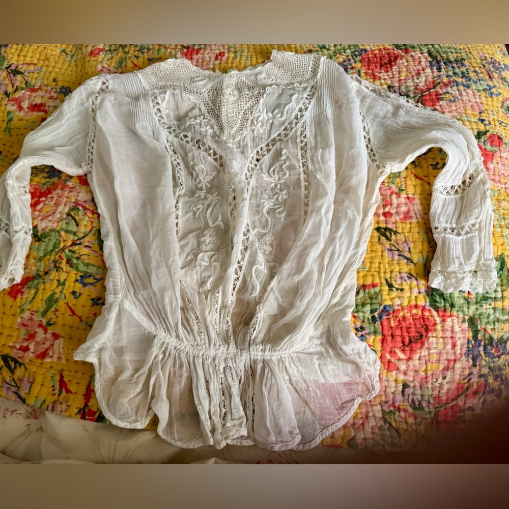 Victorian lace/ embroidery/crochet top, shell buttons